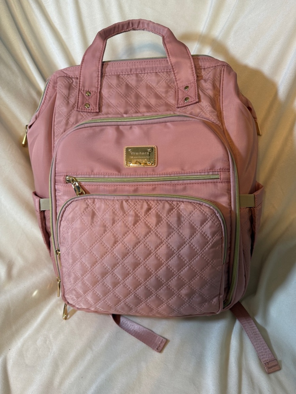 Weitars Pink Quilted Nylon Backpack Multi Compartment Gold Tone Hardware Bag